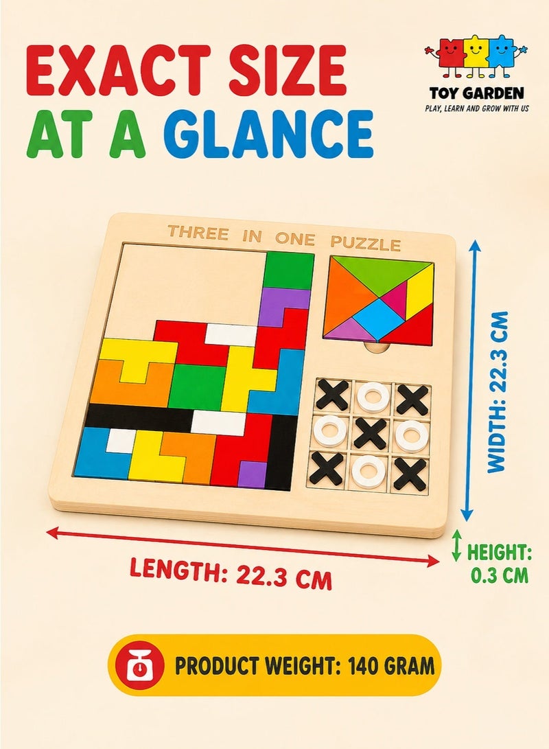 3-in-1 Puzzle Game for Kids - Educational Colorful Square Tangram, Chess, & Tic-Tac-Toe - Multicolor Wooden Building Blocks, Brain Teasers for Boys & Girls, XOXO Board Game Toy - Image 4