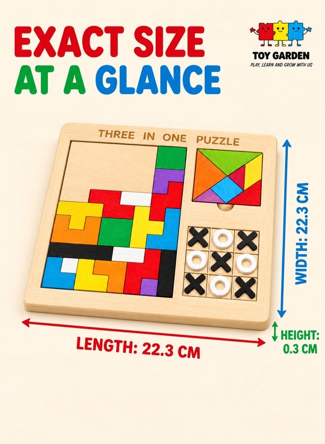 TOY GARDEN 3-in-1 Wooden Puzzle Game - Tangram, Chess, Tic-Tac-Toe - Image 4