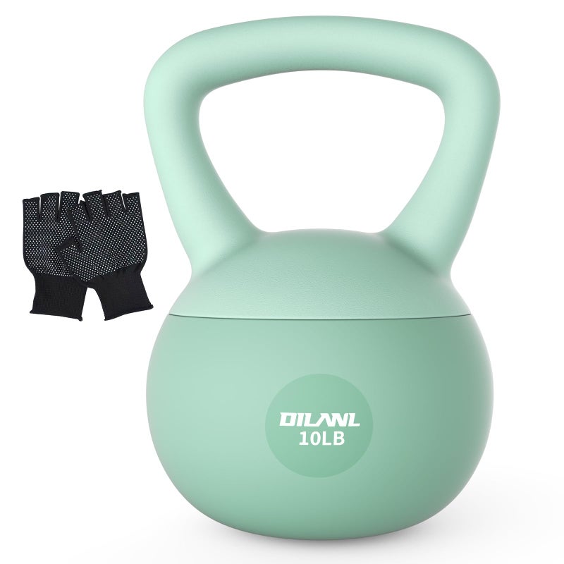 DILANL Soft Kettlebell, Safe Strength Training Kettle bell, Cushioned Impact-Resistant Base and Anti-Slip Grip Weight, Kettlebells Set for Home Workouts and Men/Women/ Beginners,With Non-slip Gloves (Green, 10 LB) - Image 1