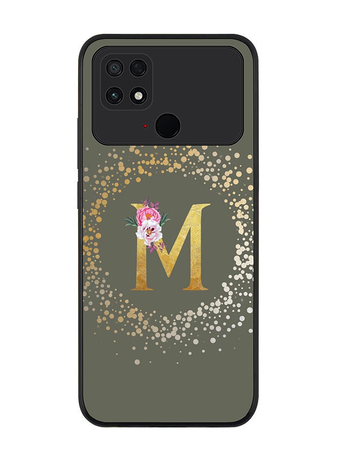 Rugged Black edge case for Xiaomi Poco C40 Slim fit Soft Case Flexible Rubber Edges TPU Gel Thin Cover - Custom Monogram Initial Letter Floral Pattern Alphabet - M (Olive Green)