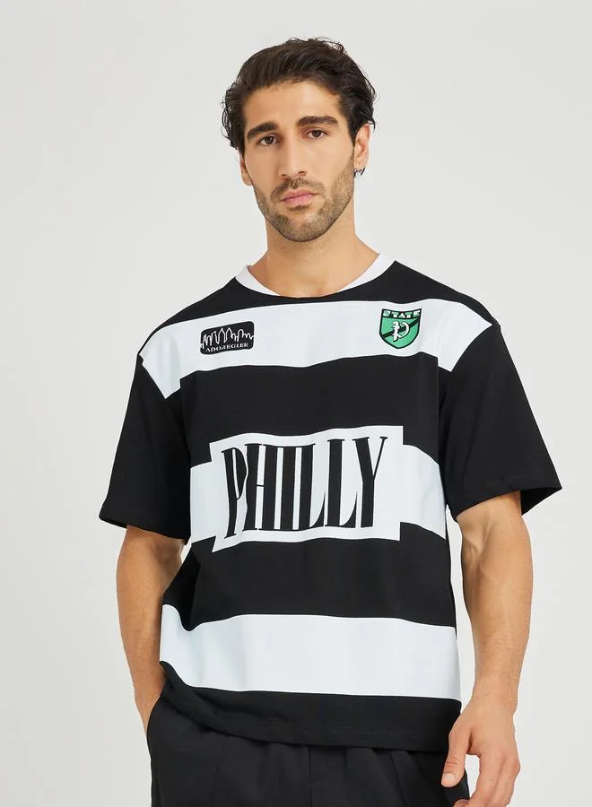 Styli Styli Text Print Micro Pique Boxy Fit Varsity T-Shirt