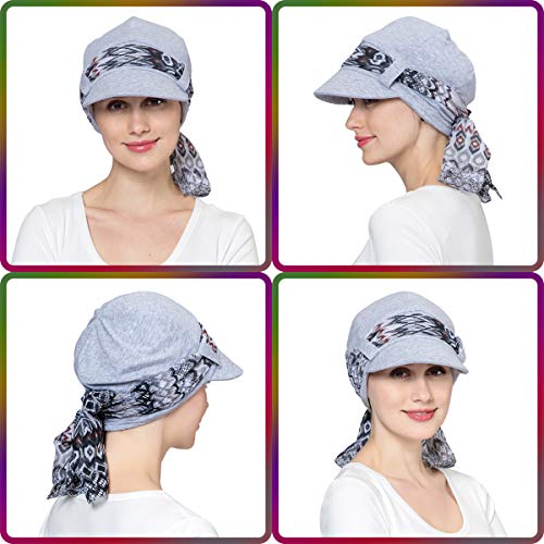 JarseHera Chemo Hats for Women Bamboo Cotton Lined Newsboy Caps with Scarf Double Loop Headwear for Cancer Hair Loss Light Gray - Image 5