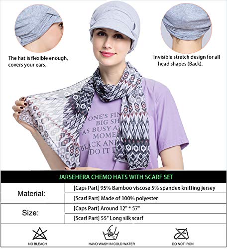 JarseHera Chemo Hats for Women Bamboo Cotton Lined Newsboy Caps with Scarf Double Loop Headwear for Cancer Hair Loss Light Gray - Image 2