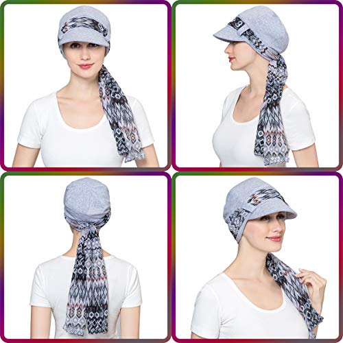 JarseHera Chemo Hats for Women Bamboo Cotton Lined Newsboy Caps with Scarf Double Loop Headwear for Cancer Hair Loss Light Gray - Image 4