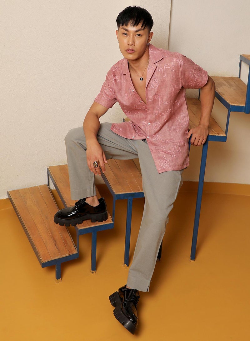 Campus Sutra Campus Sutra Men's Rouge Pink Embroidered Lined ShirtFor Casual Wear | Cuban Collar | Short Sleeve | Button Closure | Shirt Crafted With Comfort Fit For Everyday Wear  - Image 3