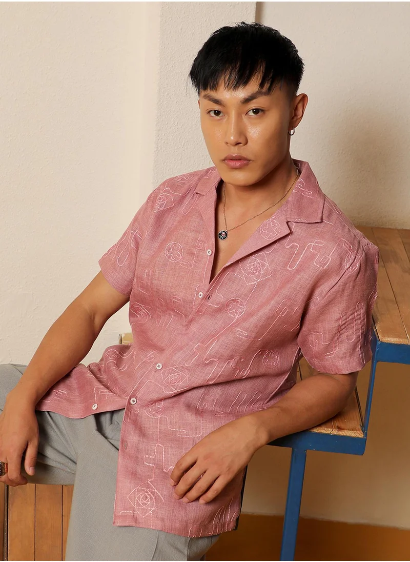 Campus Sutra Campus Sutra Men's Rouge Pink Embroidered Lined ShirtFor Casual Wear | Cuban Collar | Short Sleeve | Button Closure | Shirt Crafted With Comfort Fit For Everyday Wear