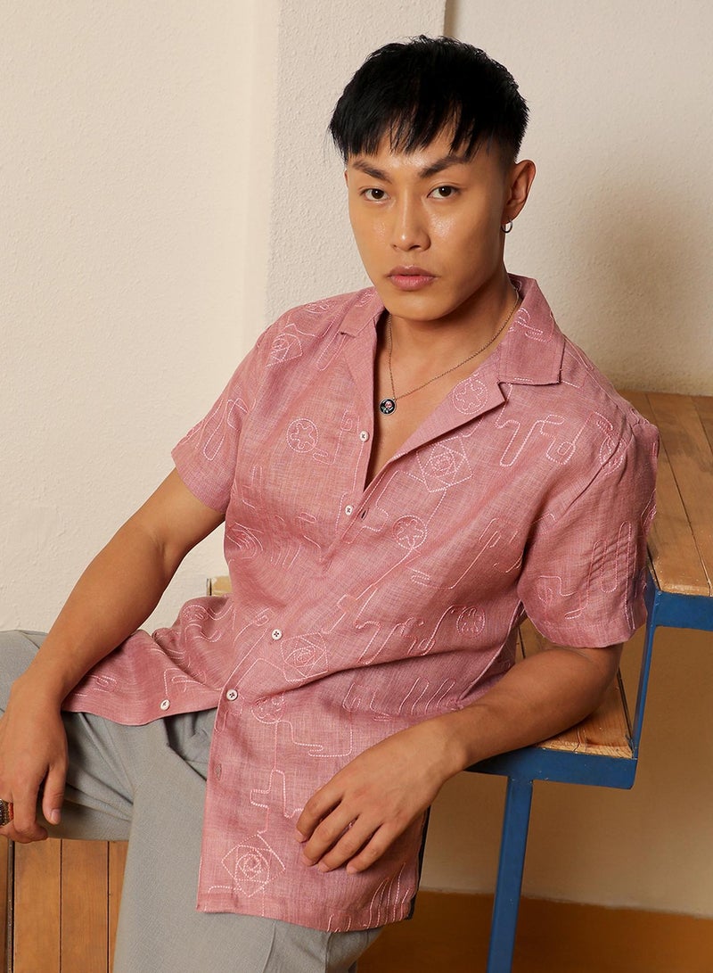 Campus Sutra Campus Sutra Men's Rouge Pink Embroidered Lined ShirtFor Casual Wear | Cuban Collar | Short Sleeve | Button Closure | Shirt Crafted With Comfort Fit For Everyday Wear  - Image 2