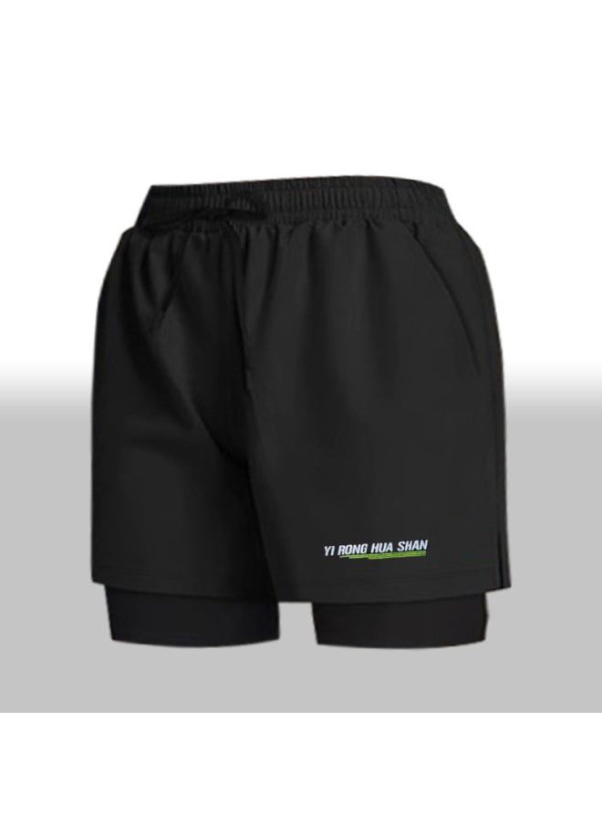 Loquat Sports Shorts Men's Swimming Trunks Flat Corner Double Layer Anti-embarrassment Quick-drying Running Breathable Swimsuit Beach Pants Anti-light-Color:Black-  - Image 5