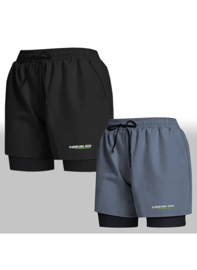 Loquat Sports Shorts Men's Swimming Trunks Flat Corner Double Layer Anti-embarrassment Quick-drying Running Breathable Swimsuit Beach Pants Anti-light-Color:Black-  - Image 2