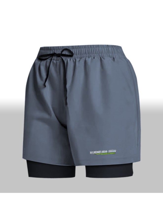 Loquat Sports Shorts Men's Swimming Trunks Flat Corner Double Layer Anti-embarrassment Quick-drying Running Breathable Swimsuit Beach Pants Anti-light-Color:Black-  - Image 4