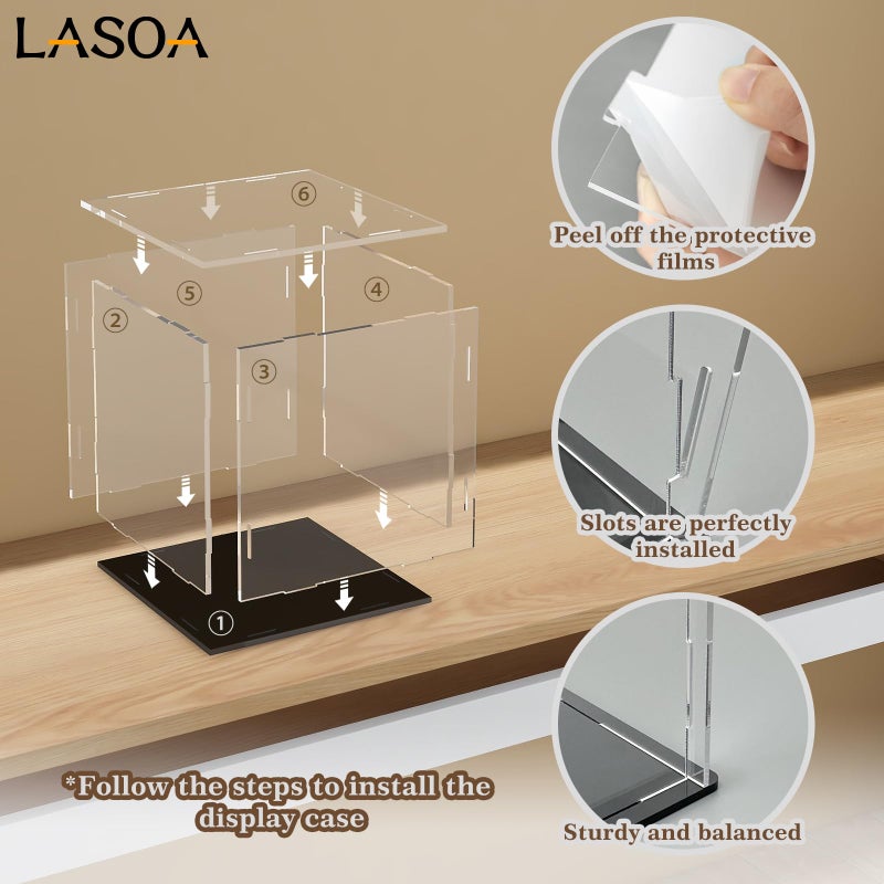 LASOA LASOA Acrylic Display Case for Collectibles, Alternative Glass Display Box with Black Base and Lid, Self-Assembly Clear Storage Showcase for Figurine Memorabilia (6x6x6inch;15x15x15cm)  - Image 4