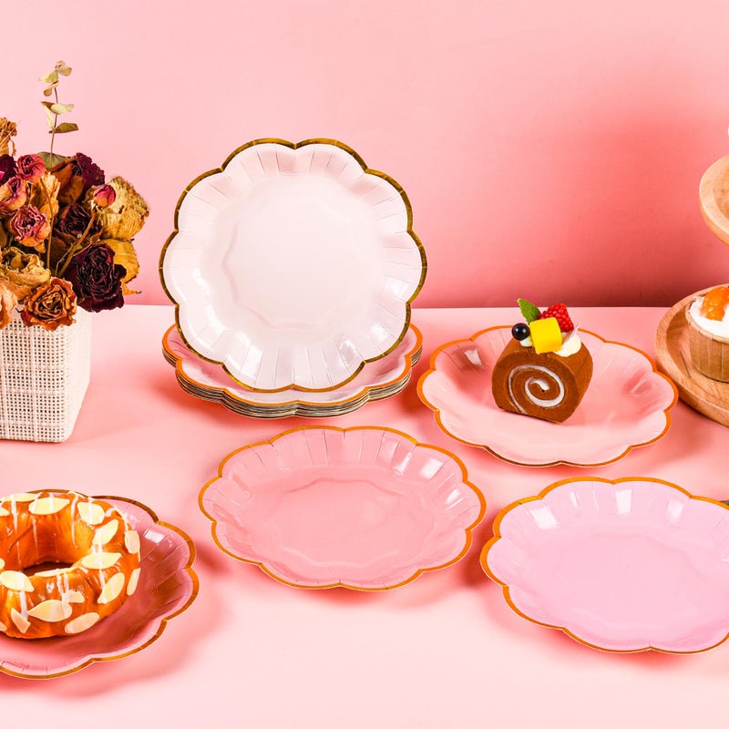 AimFun Pink Party Plates Valentines Day Gradient Pink Dessert Paper Plates 7inch Gold Foil Scalloped Edge Disposable Cake Plates for Christmas Birthday Bridal Baby Shower Party Supplies (24) - Image 5