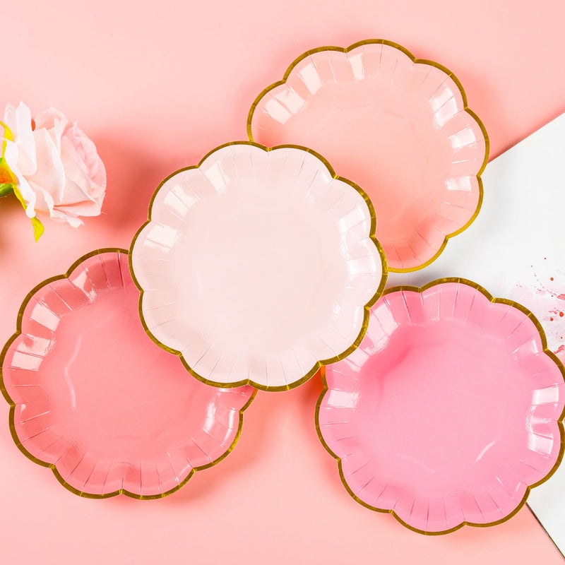 AimFun Pink Party Plates Valentines Day Gradient Pink Dessert Paper Plates 7inch Gold Foil Scalloped Edge Disposable Cake Plates for Christmas Birthday Bridal Baby Shower Party Supplies (24) - Image 3