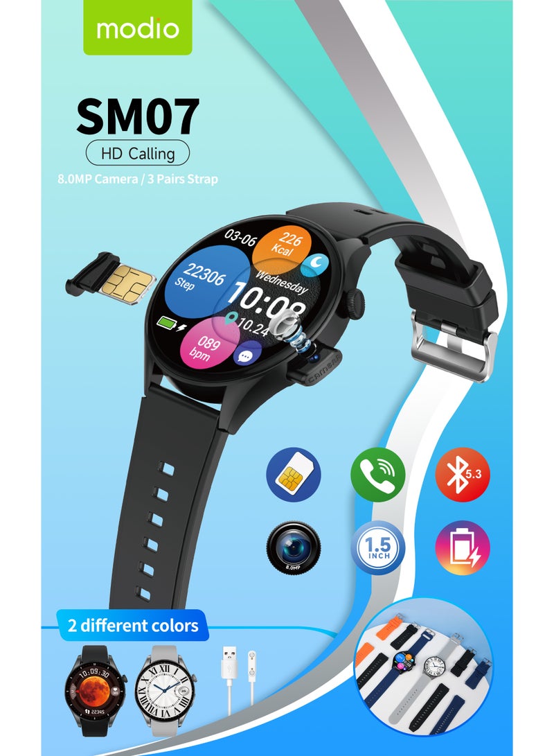 Modio SM07 Smartwatch with 1.5 Inch Full Touch Display SIM Card Slot 8MP Camera 3 Pair Straps and Charging Cable Designed for Ladies and Gents Silver - Image 3
