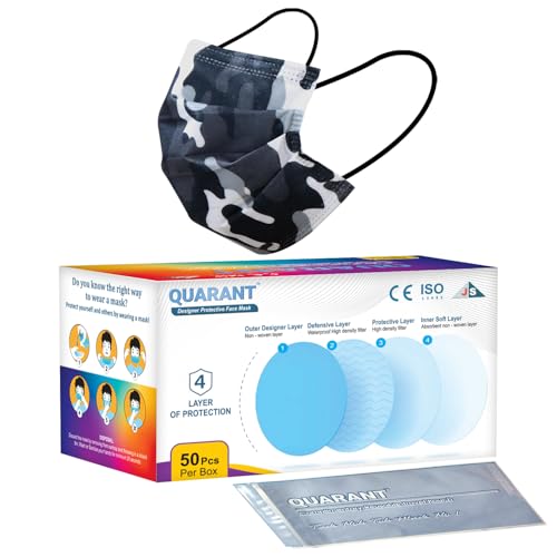 QUARANT Meltblown - Dual SMMS Fabric 4 Ply Designer Protective Face Mask with Nose Clip and Reusable Travel Pouch, Fashion That's Safe (Camo Black, Pack of 50) for Unisex - Image 1