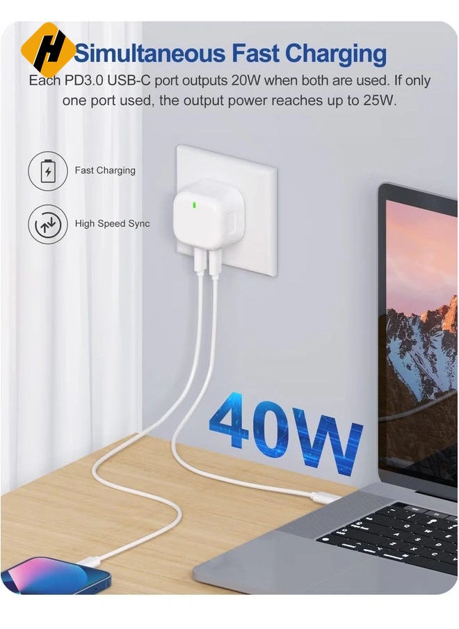 HuHa - MFi Certified iPhone Fast Charger – Dual 20W PD USB-C Adapter with USB-C to Lightning & USB-C to USB-C Cables (2M), Compatible with iPhone 14/13/12/11/X/8, iPad, AirPods - Image 1