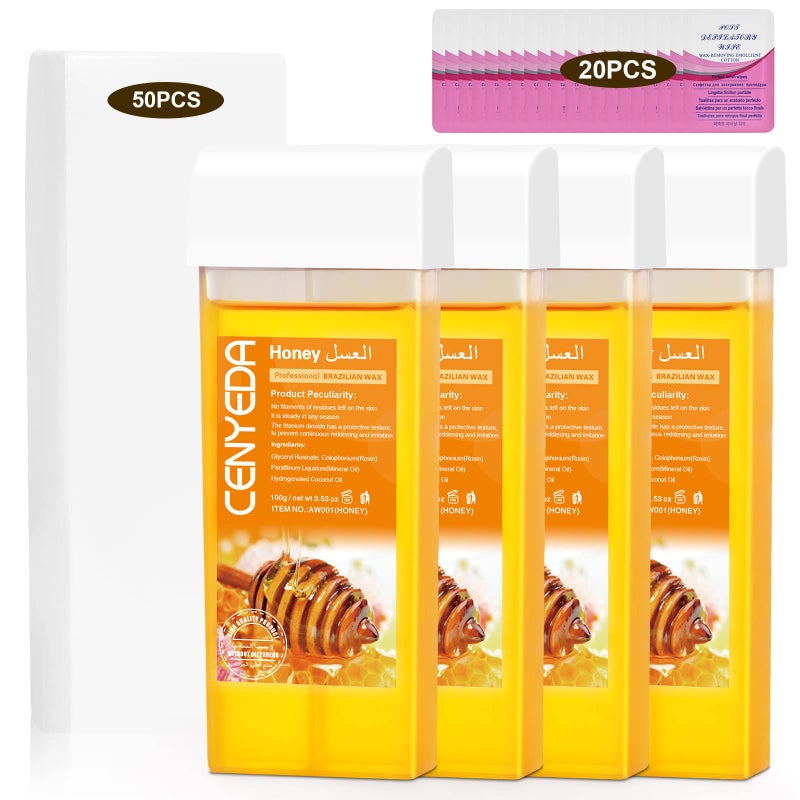 CENYEDA Roll On Wax Kit - Hair Removal Cartridges, 4 Pack Honey Rollers With 50 Strips and 20 After-Wax Treatment Wipes - Image 1