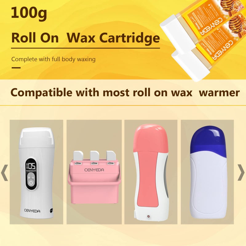 CENYEDA Roll On Wax Kit - Hair Removal Cartridges, 4 Pack Honey Rollers With 50 Strips and 20 After-Wax Treatment Wipes - Image 3