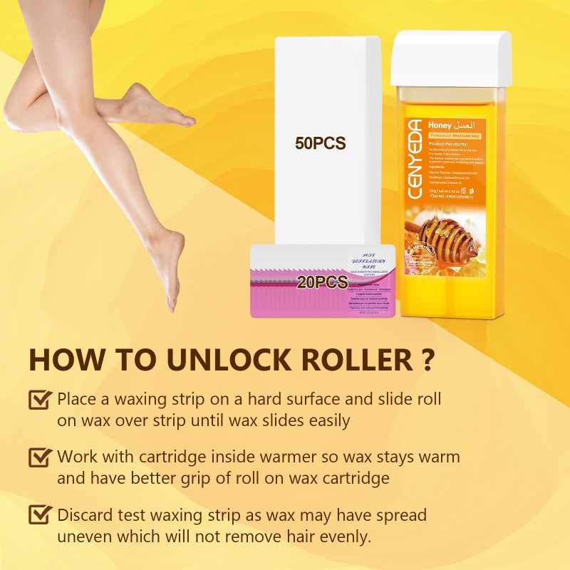 CENYEDA Roll On Wax Kit - Hair Removal Cartridges, 4 Pack Honey Rollers With 50 Strips and 20 After-Wax Treatment Wipes - Image 4