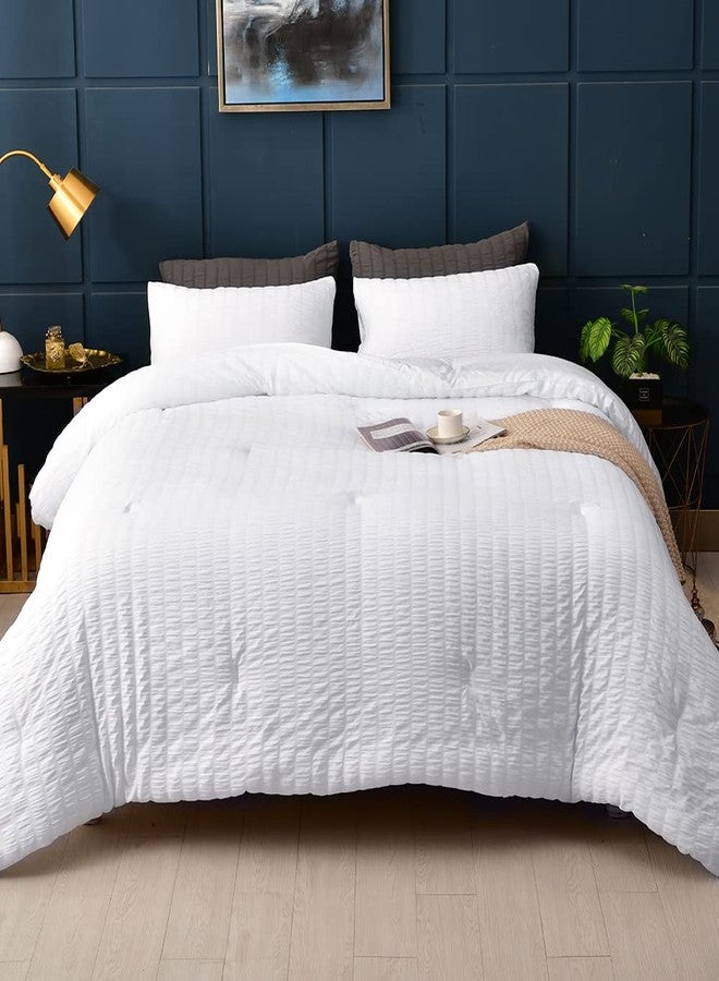 AveLom Seersucker King Comforter Set (104x90 inches), 3 Pieces - 100% Soft Washed Microfiber Lightweight Comforter with 2 Pillowcases, All Season Down Alternative Comforter Set for Bedding, White - Image 1