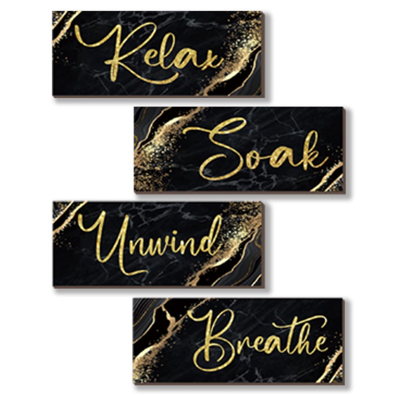 ONIZHITY 4 Pcs Black and Gold Bathroom Decor Black Gold Wall Decor Relax Soak Unwind Breathe Wooden Rustic Marble Style Bathroom Accessories for Bedroom Living Room Decor Kitchen(10X4) - Image 1