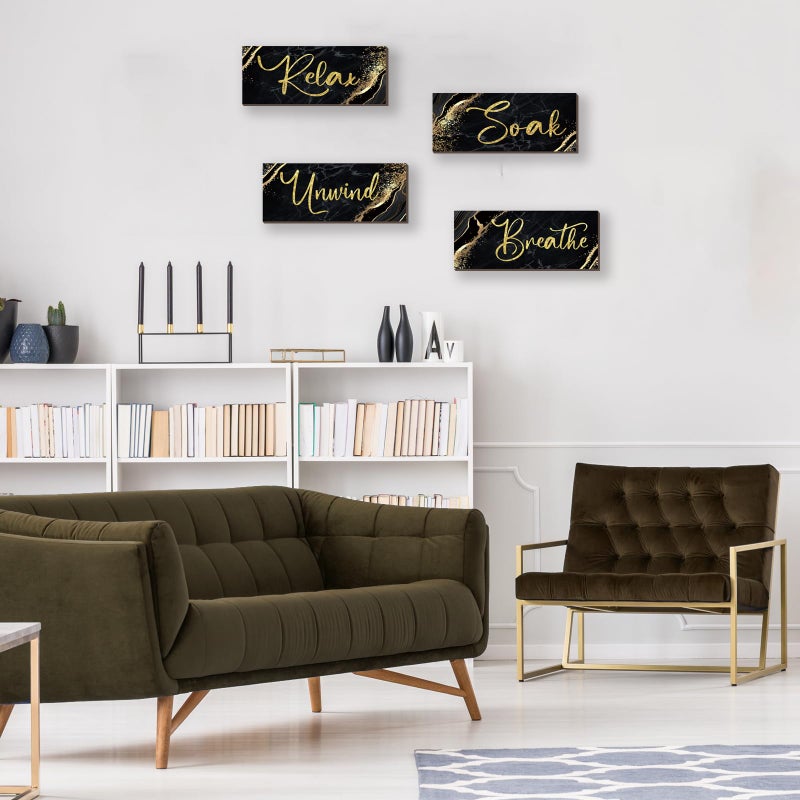 ONIZHITY 4 Pcs Black and Gold Bathroom Decor Black Gold Wall Decor Relax Soak Unwind Breathe Wooden Rustic Marble Style Bathroom Accessories for Bedroom Living Room Decor Kitchen(10X4) - Image 5