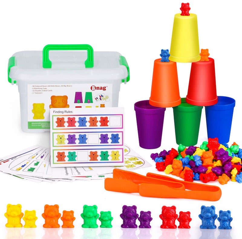 Bmag Counting Bears with Matching Sorting Cups,Number Color Recognition STEM Educational Toy for Toddler, Pre-School Learning Toy with 90 Bears,2 Tweezers,11 Activity Cards,1 Storage Box - Image 1