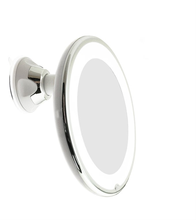 LED LIGHTED 10X MAGNIFYING MAKEUP MIRROR WITH POWER LOCKING SUCTION CUP, BRIGHT DIFFUSED LIGHT AND 360 DEGREE ROTATING ADJUSTABLE ARM, PORTABLE CORDLESS HOME AND TRAVEL BATHROOM VANITY MIRROR
