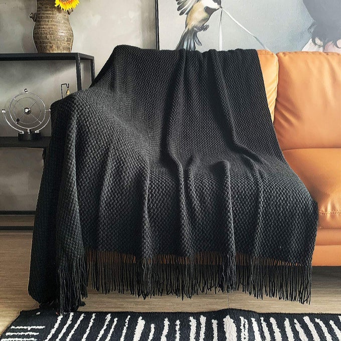 KNITTED THROW BLANKET WITH TASSELS BUBBLE TEXTURED LIGHTWEIGHT THROWS FOR COUCH COVER HOME DECOR BLACK 50X60