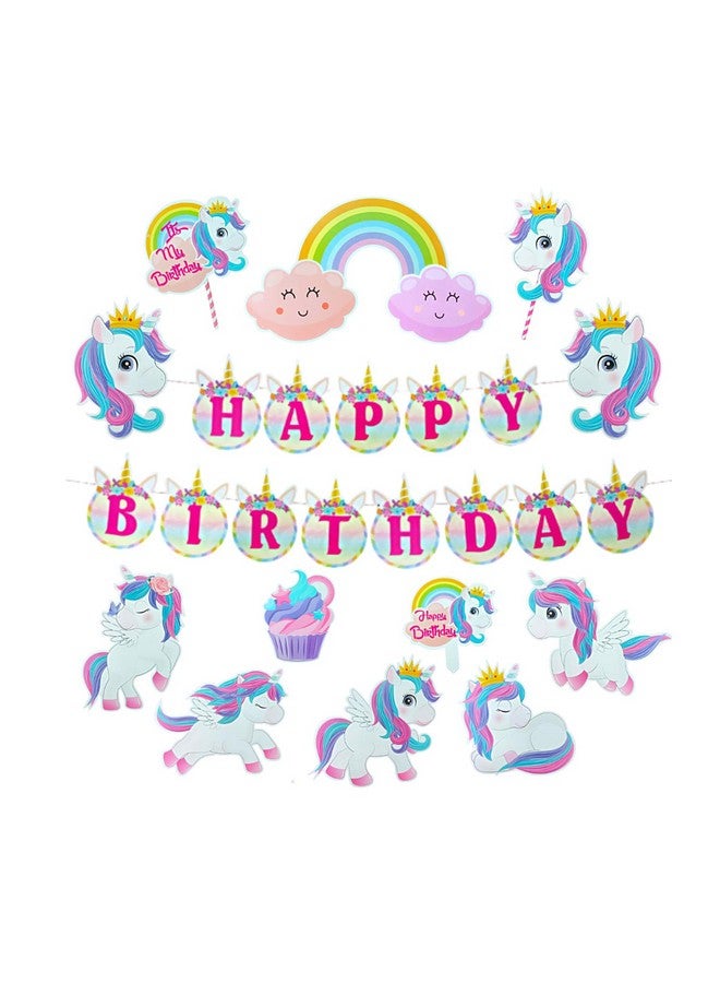 FI - FLICK IN 16 pcs Happy Birthday Unicorn Banner Unicorn Theme Birthday Party Unicorn Cutouts Props & Cake Topper Birthday Decoration Items for Girls Party Supplies (Pack of 16,Multicolor) - Image 1