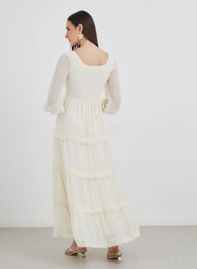 Styli Styli Lace Insert Long Sleeves Tiered Maxi Dress