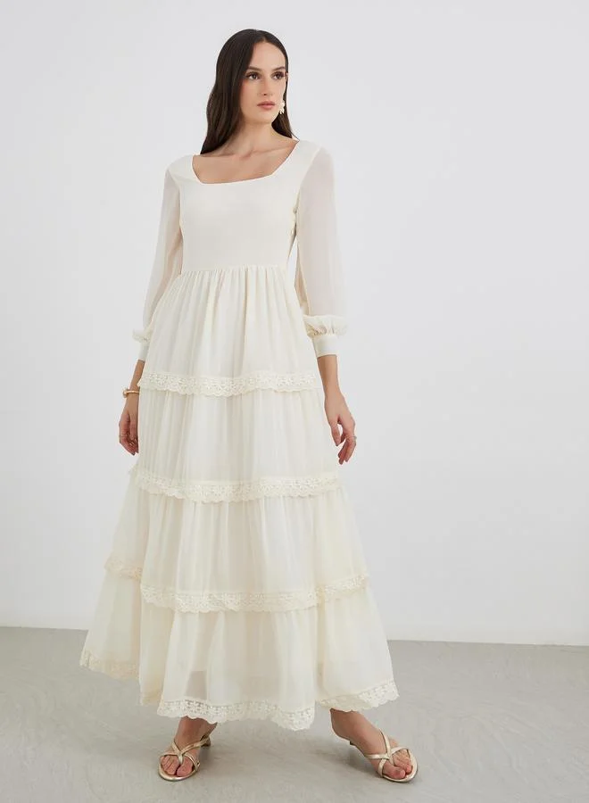 ستايلي Styli Lace Insert Long Sleeves Tiered Maxi Dress