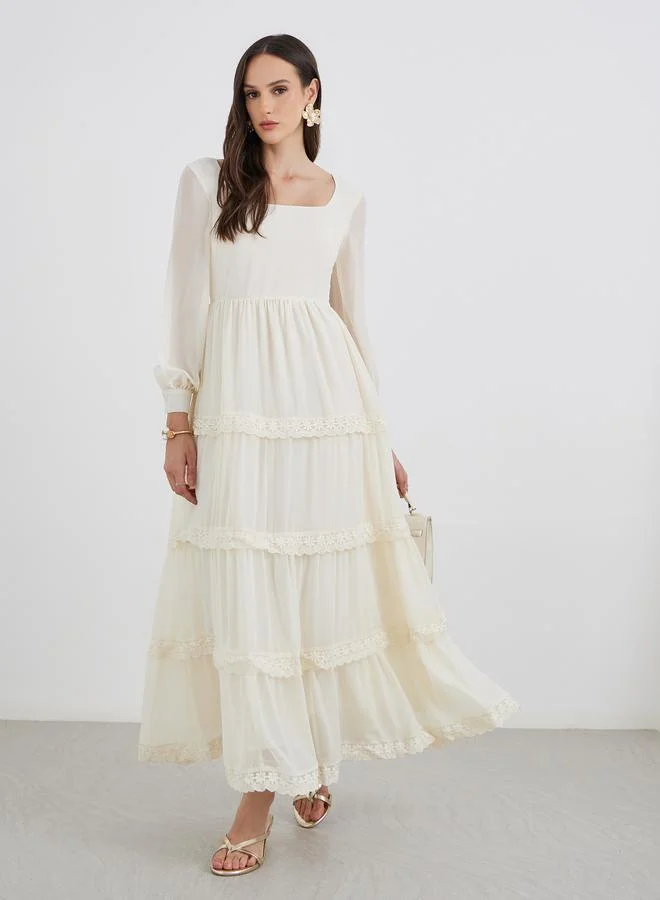 ستايلي Styli Lace Insert Long Sleeves Tiered Maxi Dress