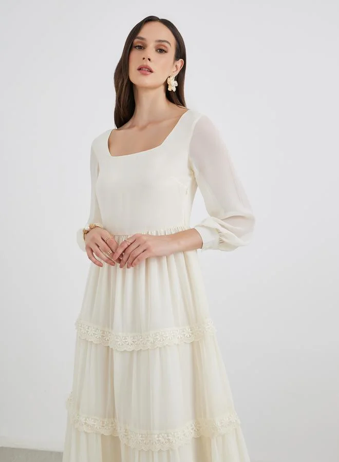 Styli Styli Lace Insert Long Sleeves Tiered Maxi Dress