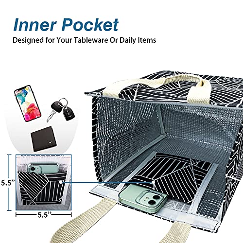 iknoe Insulated Lunch Bag for Women & Adults, 9L Foldable Wide-Open Cooler Bag with Pockets, Leakproof & Portable, for Picnic, Office, Beach, Black Rhombus - Image 5