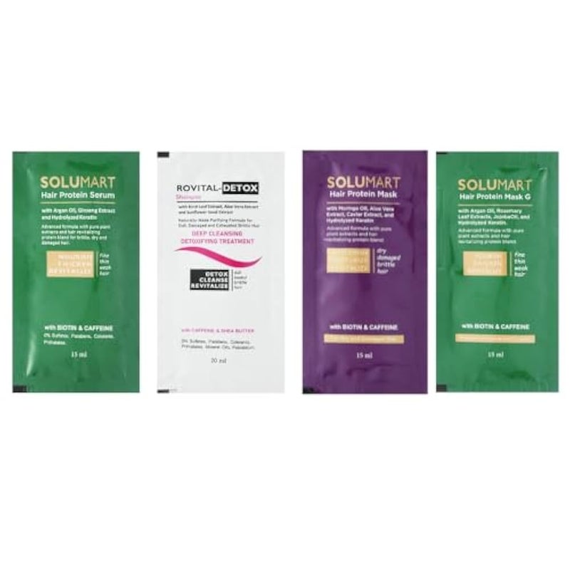 Hair Care Routine "Solumart serum, Solumart Hair protein mask one of dry and damaged hair and one of thick and weak hair and Rovital-Detox shampoo" Bundle of 4 Sachets - Image 1