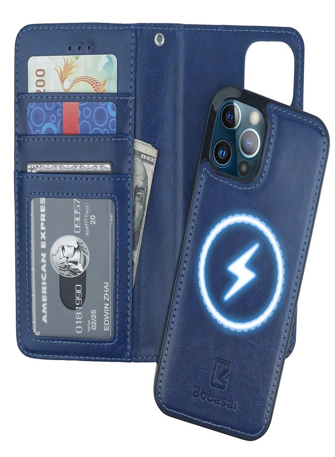 Bocasal for iPhone 12/12 Pro Wallet Case Compatible with MagSafe Wireless Charging, RFID Blocking Magnetic Leather Case with Card Slots Holder Kickstand Detachable Wrist Strap 6.1 Inch (Blue) - Image 1