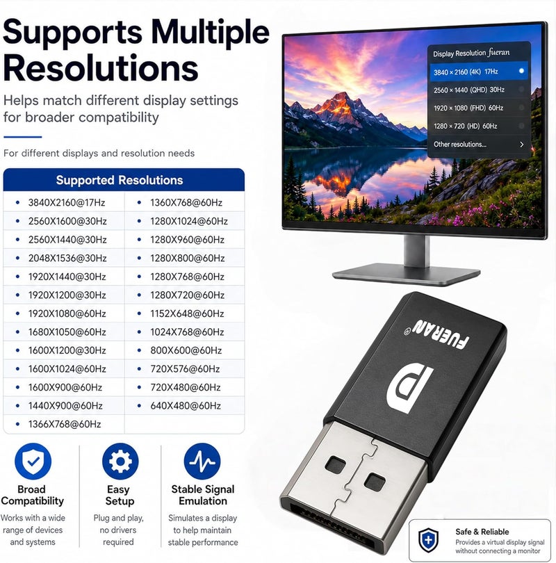 فييران DP - محاكي شاشة DisplayPort HDMI/DVI/VGA EDID (مناسب للرأس 2560x1600@60Hz)-2Pack - Image 3