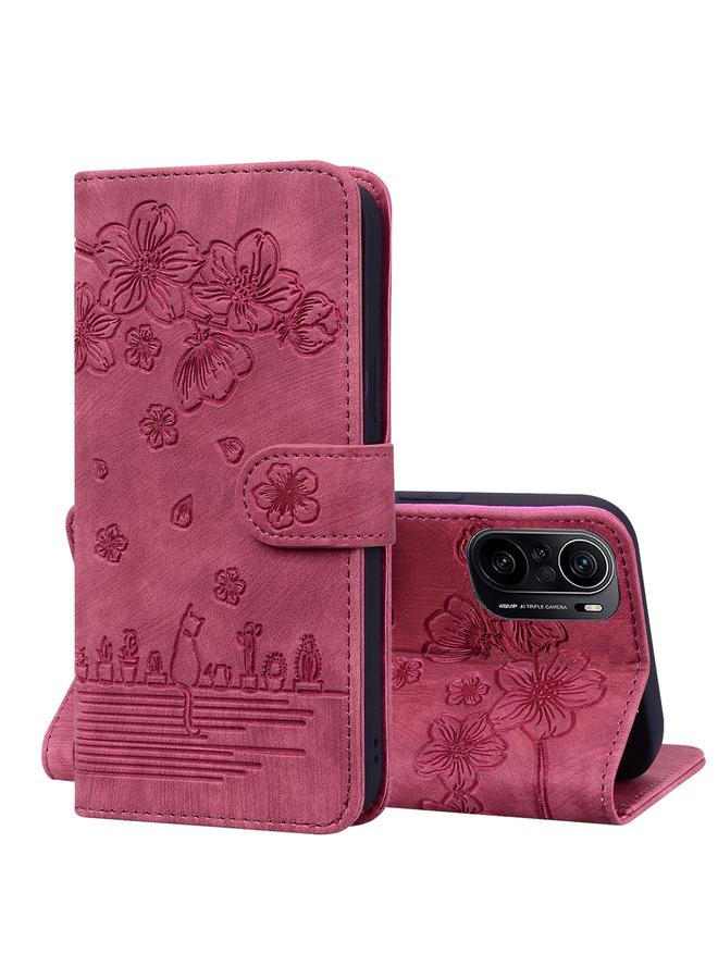 The Bros Case For Xiaomi Redmi K40 / K40 Pro / Poco F3 / Mi 11i Cartoon Sakura Cat Embossed Leather Phone Case