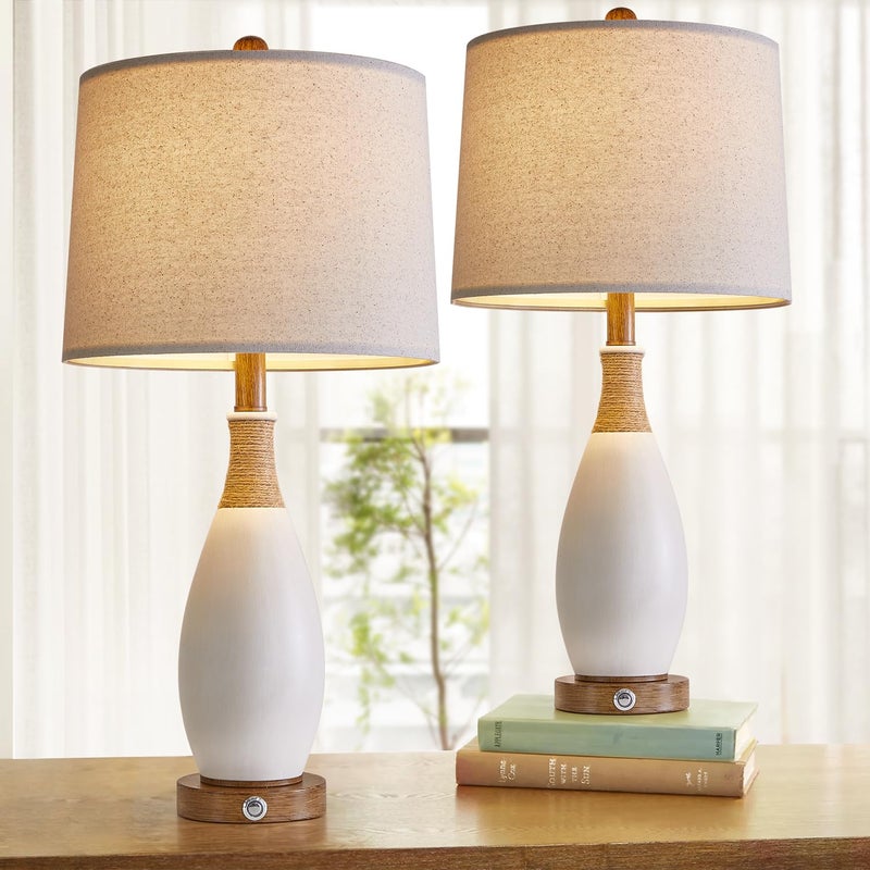 OYEARS 24.5â€ 3-Way Dimmable Touch Control Bedside Table Lamp Set of 2 with USB and Type-C Charging Ports Modern Farmhouse Nightstand Lamp for Bedroom Living Room (Bulb Included) - Image 3
