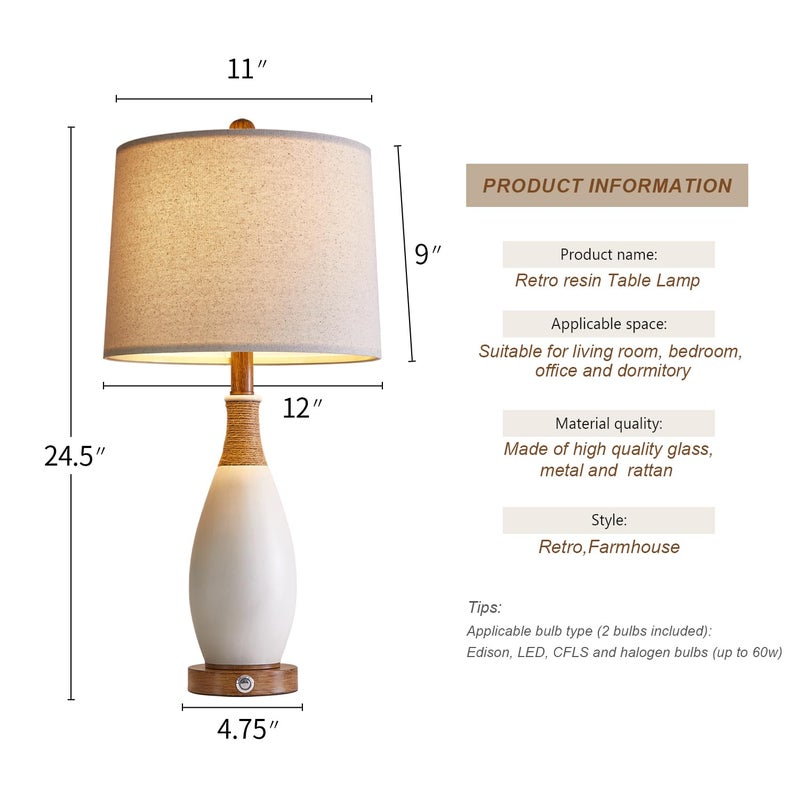 OYEARS 24.5â€ 3-Way Dimmable Touch Control Bedside Table Lamp Set of 2 with USB and Type-C Charging Ports Modern Farmhouse Nightstand Lamp for Bedroom Living Room (Bulb Included) - Image 5