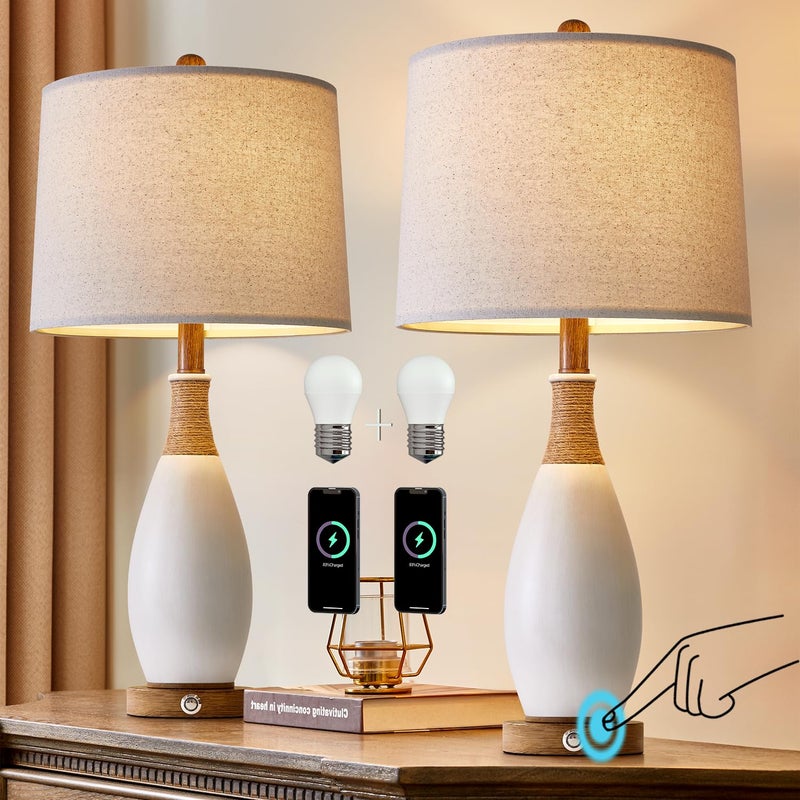 OYEARS 24.5â€ 3-Way Dimmable Touch Control Bedside Table Lamp Set of 2 with USB and Type-C Charging Ports Modern Farmhouse Nightstand Lamp for Bedroom Living Room (Bulb Included) - Image 1