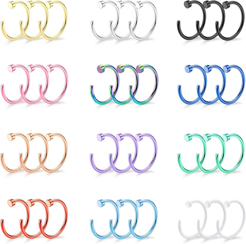 Drperfect 18/20/22G 36PCS 316L Stainless Steel Nose Rings Hoops Nose Piercing Jewelry for Women Men Colored Hoop Nose Ring 6mm 8mm 10mm 12mm - Image 1