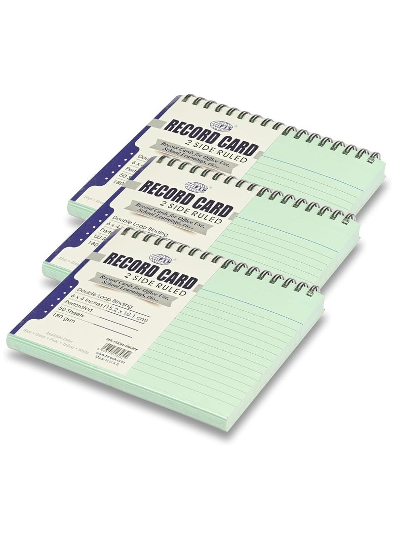 FIS® Ruled Record Cards, Size:6"x4" Inches (152x102mm), Double Loop Spiral Binding, Two Sides Single Ruled, 180gsm, Perforated, 50 Sheets Per Pad, Packet of 3 Pieces, Green Color-FSIC64-180SPGR-3 - Image 1