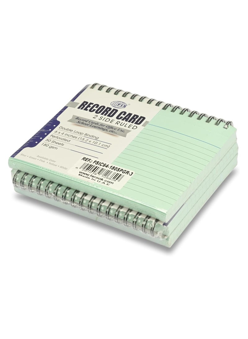 FIS® Ruled Record Cards, Size:6"x4" Inches (152x102mm), Double Loop Spiral Binding, Two Sides Single Ruled, 180gsm, Perforated, 50 Sheets Per Pad, Packet of 3 Pieces, Green Color-FSIC64-180SPGR-3 - Image 2