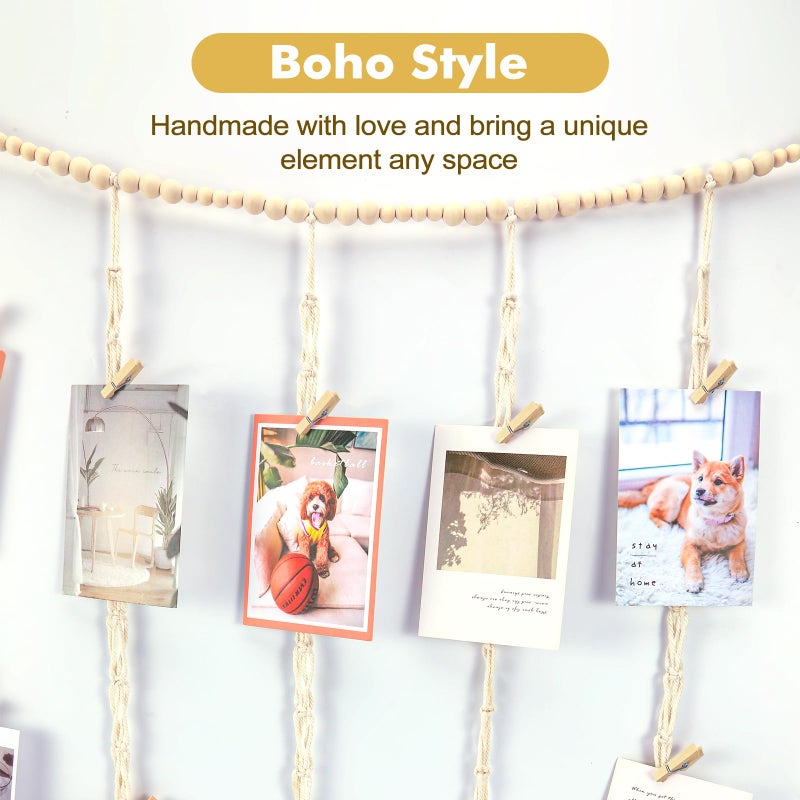 KLOGTSIND Hanging Photo Display, Macrame Wall Decor with Lights, 50 Clips - Image 2