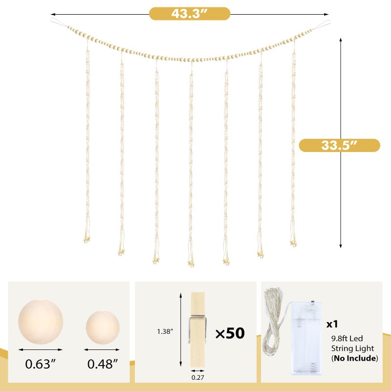 KLOGTSIND Hanging Photo Display, Macrame Wall Decor with Lights, 50 Clips - Image 3