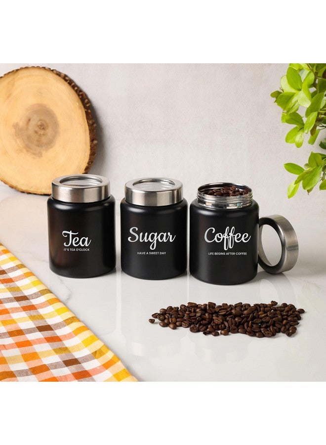 dudki Quoted Stainless Steel Round Canister/Kitchen Storage for Tea Coffee Sugar pack of 3 (BLACK) 800 Millilitre/Each Jar - Image 4
