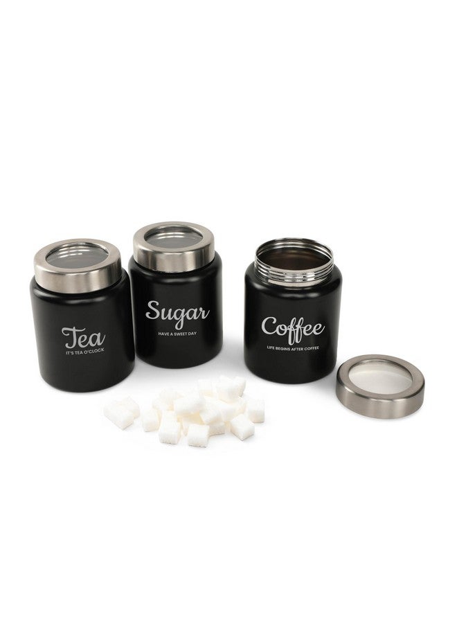 dudki Quoted Stainless Steel Round Canister/Kitchen Storage for Tea Coffee Sugar pack of 3 (BLACK) 800 Millilitre/Each Jar - Image 5