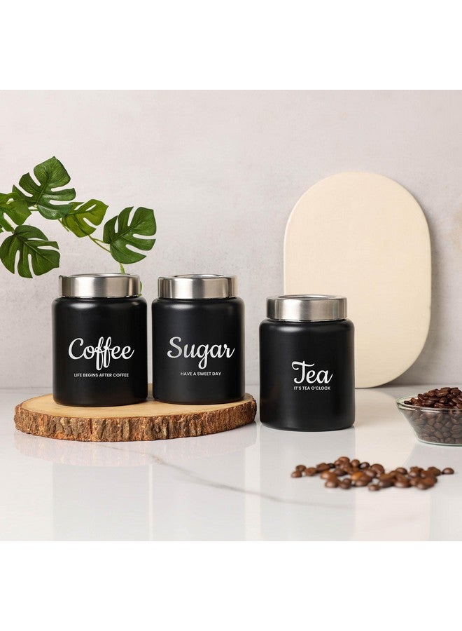 dudki Quoted Stainless Steel Round Canister/Kitchen Storage for Tea Coffee Sugar pack of 3 (BLACK) 800 Millilitre/Each Jar - Image 3